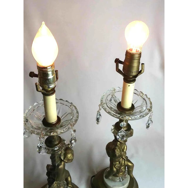 1960s Pair of Vintage Ornate Cast Brass Crystal Pendent Lamps For Sale - Image 5 of 7