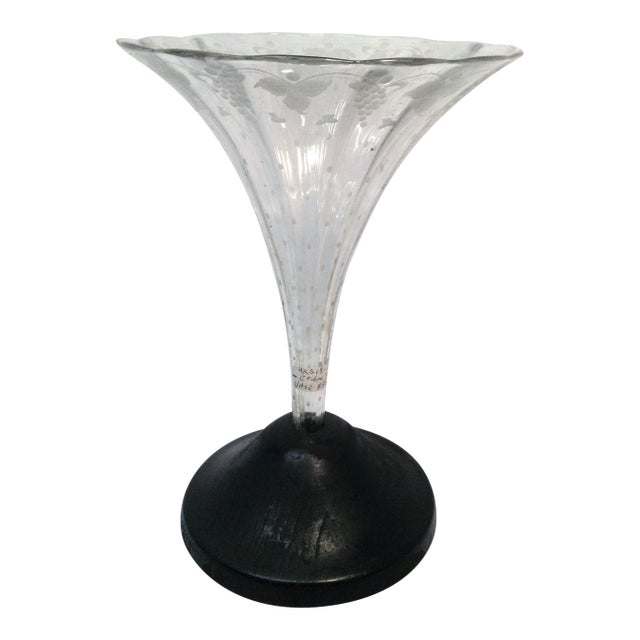 Antique English Etched Trumpet Flower Vase With Wooden Base - Circa 1880 For Sale