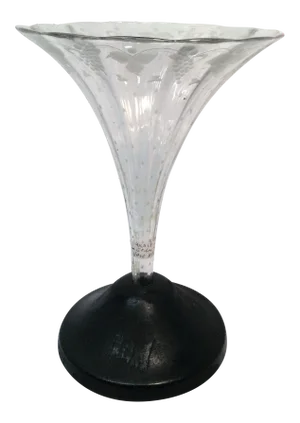 Antique English Etched Trumpet Flower Vase With Wooden Base - Circa 1880
