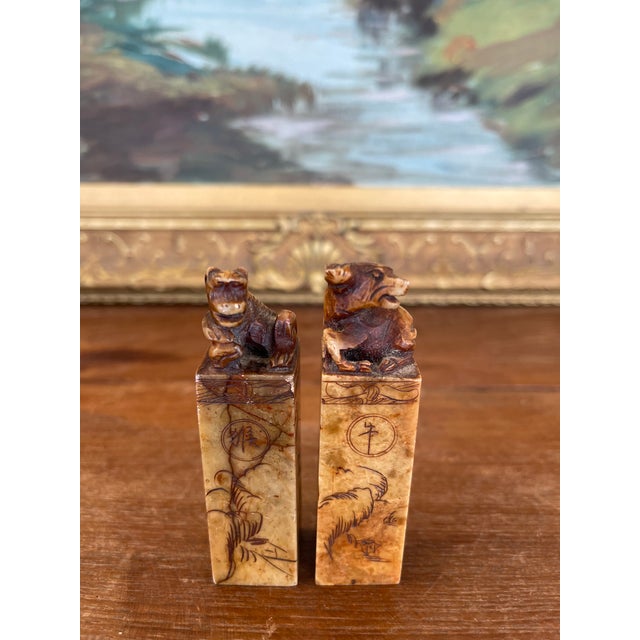 Pair of Hand-Carved Chinese Soapstone Zodiac Seals - Monkey and Ox With Landscape Engravings. For Sale - Image 4 of 10