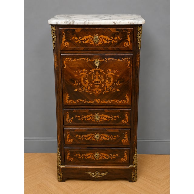 Wood Louis XV Style Drop-Front Secretary in Marquetry Wood with Veined White Marble Top For Sale - Image 7 of 7