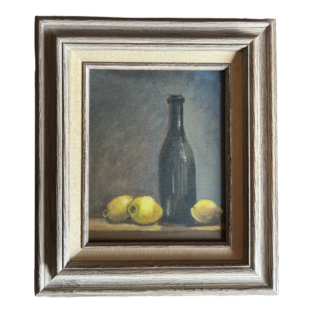 Vintage Framed Still Life Oil Painting of Lemons and Bottle For Sale