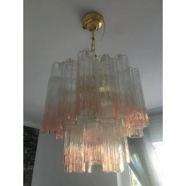 Pair of Murano Style Glass Vanished Pink Tronchi Venini Style Chandeliers For Sale - Image 10 of 12