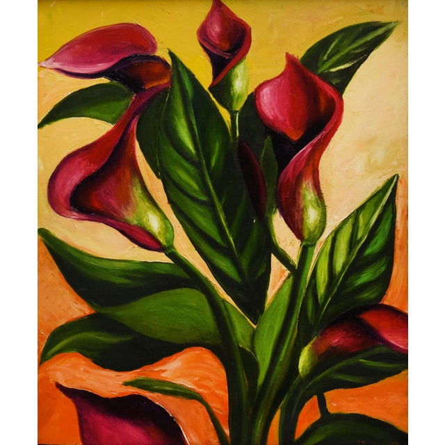 This acrylic on board, sized 17" x 21", features a vibrant depiction of red calla lilies in bloom. The artist, Yulias,...