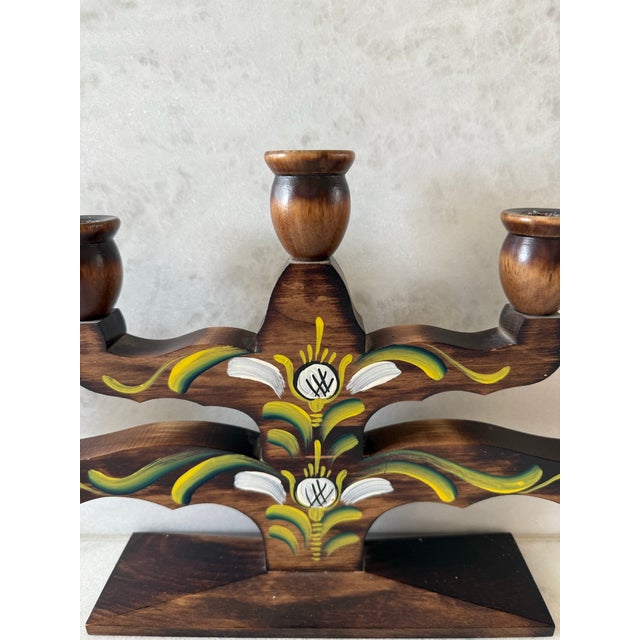 Vintage Swedish Wood Hand Painted 5 Arm Candelabra For Sale - Image 4 of 11