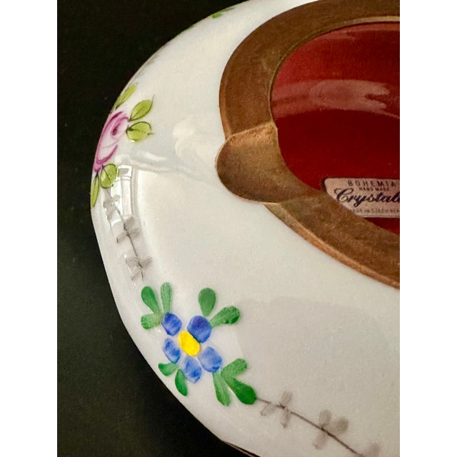 Vintage Bohemia Crystalex Art Glass Ashtray White & Pink Floral W/Gold Made in Czechoslovakia For Sale In Palm Springs - Image 6 of 7