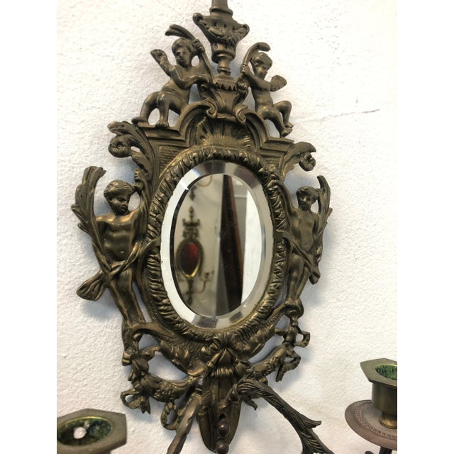 Hollywood Regency Vintage Brass Mirrored Sconces For Sale - Image 3 of 6
