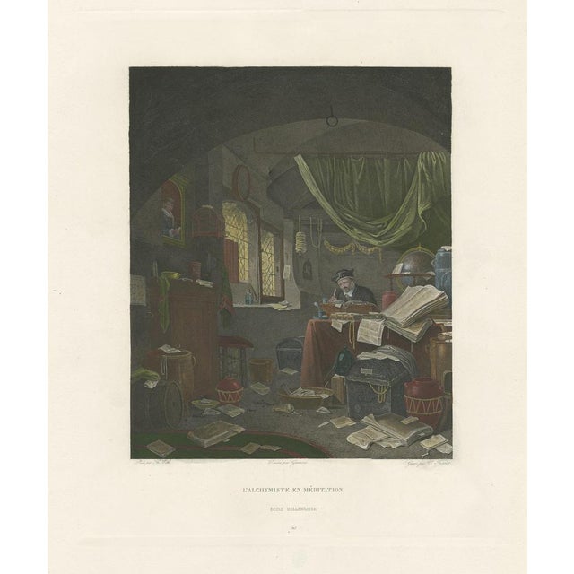 Antique print titled 'l'Alchymiste en Méditation'. Large antique print of an alchemist peacefully writing in a room strewn...