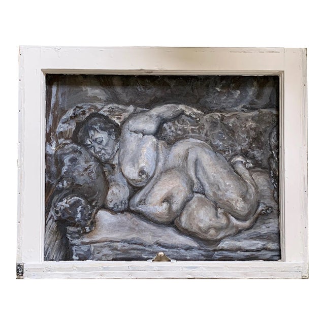 "Sleeping Lady on a Sofa", Contemporary, Figurative Oil Painting, Lucian Freud Repro For Sale