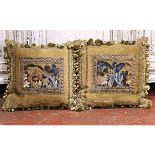 Pair of Pillows With Trim Made With 18th Century Aubusson Tapestry Fragments For Sale In Dallas - Image 6 of 8