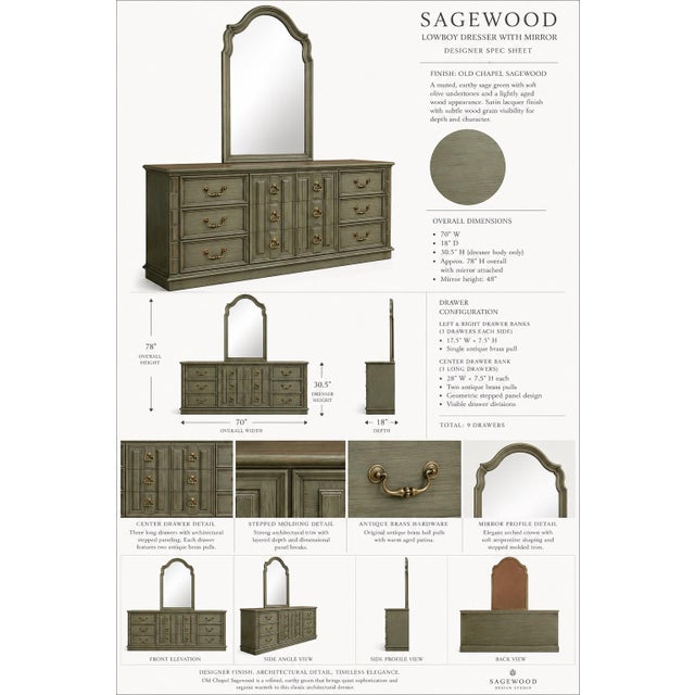 Metal Vintage 70” Solid Wood Dresser & Mirror – Old Chapel Sagewood™ Finish – Olive Sage Green Designer Refinished Bedroom Piece For Sale - Image 7 of 11