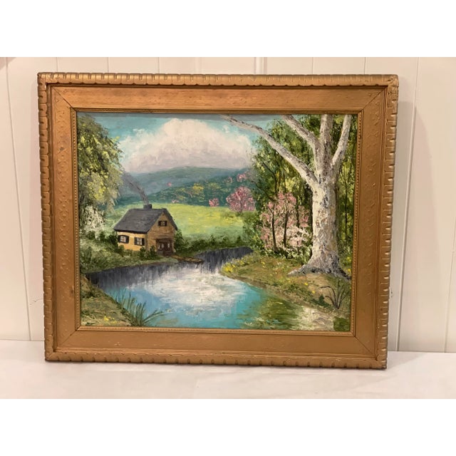 Vintage American Impressionist Original Oil Painting Pink Trees Lakeside Cottage Floral Forest For Sale - Image 9 of 9