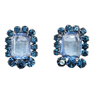 Vintage 1960s Verified Delizza & Elster Rhodium Plated Blue Rhinestone Clip Earrings- 2 Pieces
