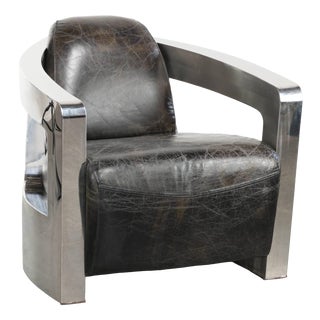 Vintage Industrial Aviator Armchair in Black Cow Leather with Aluminium and Rivets For Sale