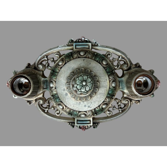 Pair Vintage Cast Metal Paint Decorated Two Light Ceiling Fixture Lamps ...