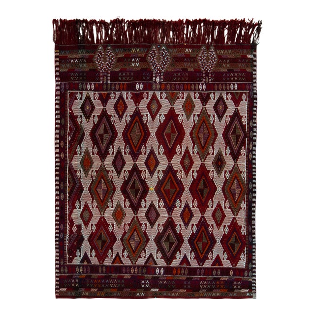 1950s Vintage Handwoven Kilim Rug in Red, White, Multicolor Embroidered Diamonds For Sale