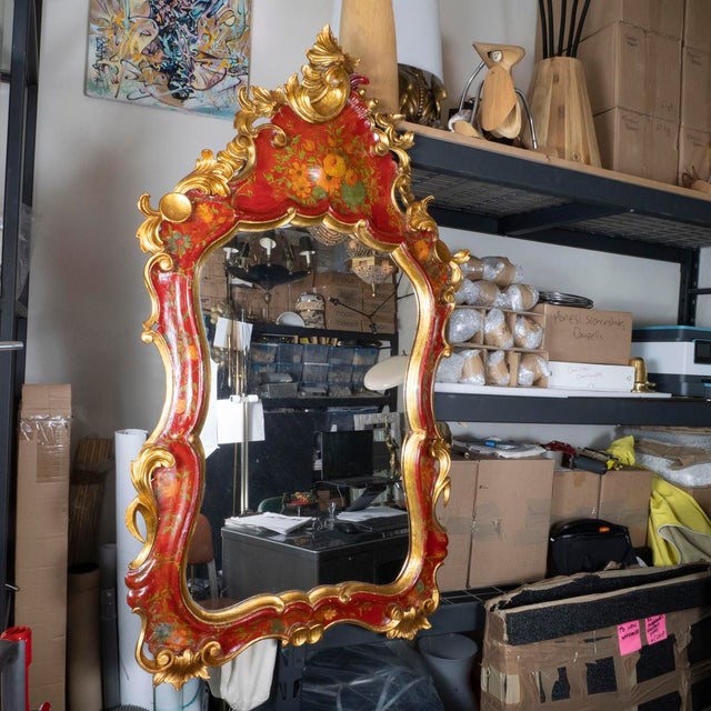 Venetian style mirror with red painted and gilded chinoiserie motif.