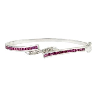 Vintage 925 Sterling Silver Ruby & Diamond Bangle Bracelet- Elegant Gemstone Hinged Bracelet For Sale
