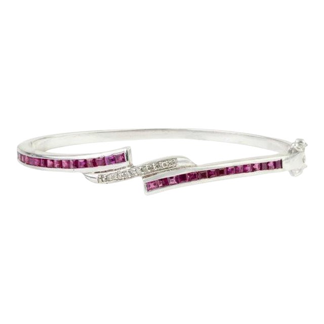 Vintage 925 Sterling Silver Ruby & Diamond Bangle Bracelet- Elegant Gemstone Hinged Bracelet For Sale