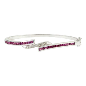 Vintage 925 Sterling Silver Ruby & Diamond Bangle Bracelet- Elegant Gemstone Hinged Bracelet