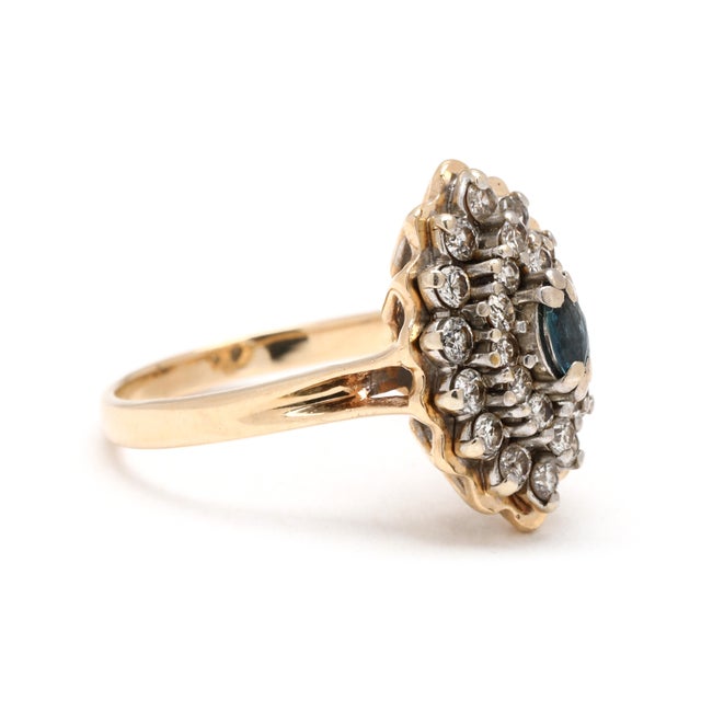 Stones: sapphire, 1 stone marquise 5 x 3 mm approximately .25 carat diamonds, 26 stones round brilliant 1.75 - 1.9 mm...