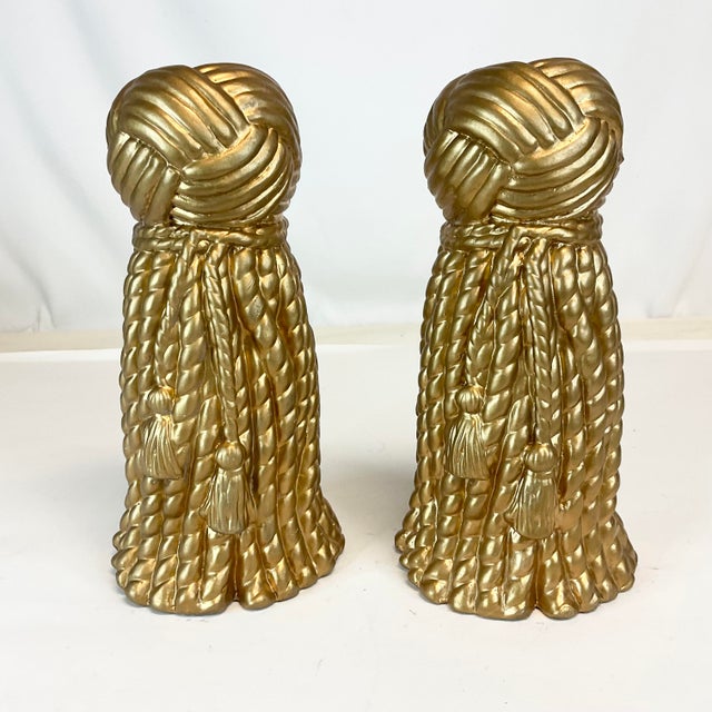 1970s Hollywood Regency Dorothy Draper Style Rope-Tassel Plaster Candle Holders - A Pair For Sale - Image 4 of 10
