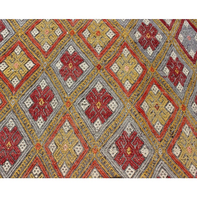 Colorful Vintage Turkish Flat-Weave Embroidered Rug With Geometric Diamond Design For Sale - Image 9 of 13