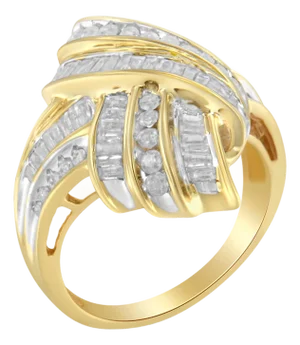 10K Yellow Gold Plated .925 Sterling Silver 1.0 Cttw Round & Baguette Diamond Knot Channel Statement Ring (I-J Color, I2-I3 Clarity) - Size 6-1/2
