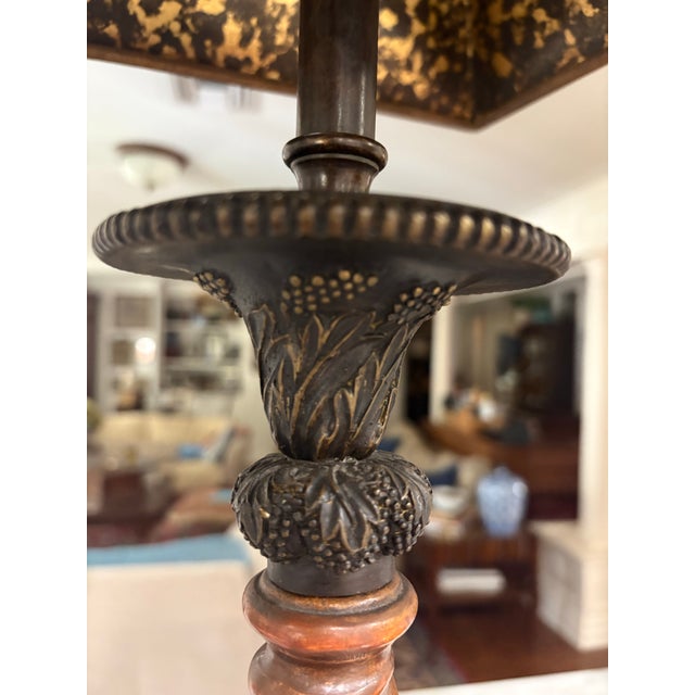 Vintage, Labeled Theodore Alexander Barley Twist Table Lamp With Leather‑Look Shade That Has a “Faux Tortoise Shell” Liner – Great Patina - 37.5” High For Sale - Image 10 of 11