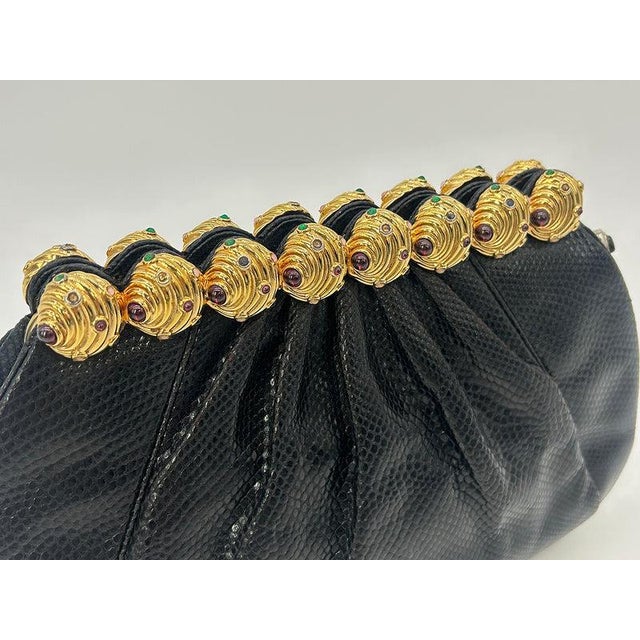Vintage Judith Leiber Black Lizard Gold Gemstone Top Clutch For Sale - Image 13 of 13