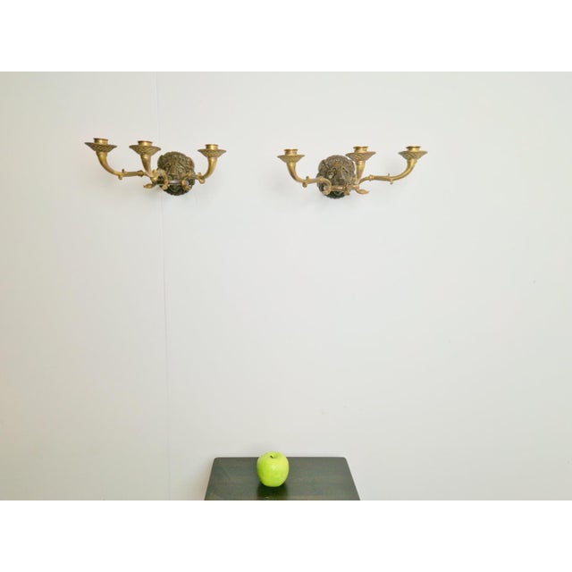 20th Century French Bronze & Brass Wall Sconces with Lion Heads, Set of 2 For Sale - Image 5 of 14