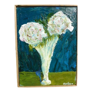"Two White Roses in a Vase" Framed Oil Painting Martha Holden For Sale