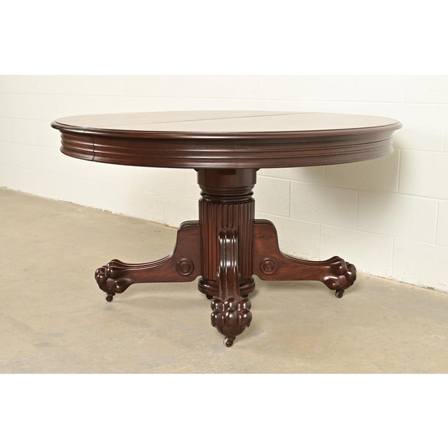 R. J. Horner & Co. R. J. Horner Antique Victorian Carved Mahogany Split Pedestal Extension Dining Table With Lion Paw Feet, Newly Refinished For Sale - Image 4 of 12