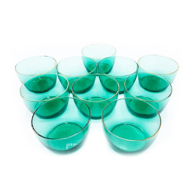 Mid-Century Modern Mid-Century Modern Libbey Emerald - Teal & Gold Rim Glass Bowls - 10 Pieces For Sale - Image 3 of 4