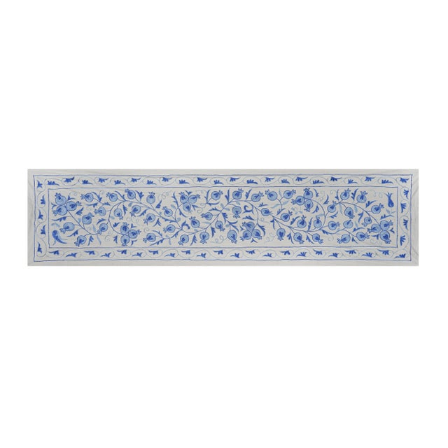 Mid-Century Modern Cotton Suzani Decor, Floral Blue Suzani Table Runner For Sale - Image 3 of 10