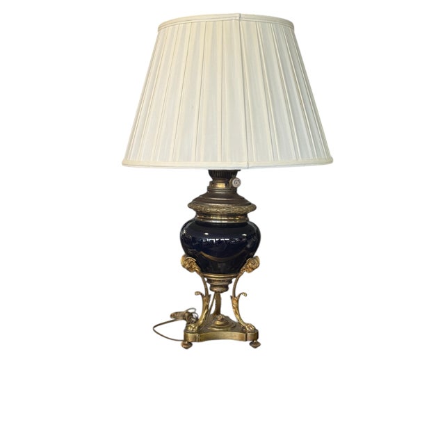 Victorian Antique Mid 19th Century Ink Blue Oil Lamps, Electrified - A Pair For Sale - Image 3 of 15
