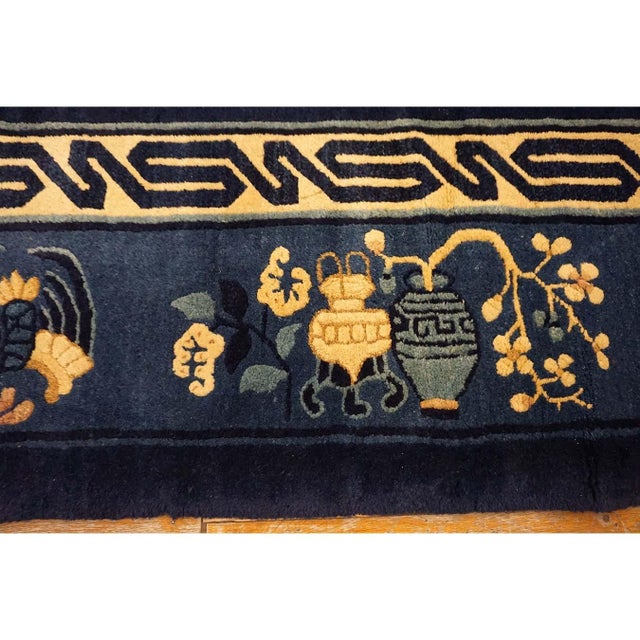 Textile 1920s Blue Navy Vase Floral Antique Chinese Peking Carpet Knotted Wool Deco Rug For Sale - Image 7 of 10