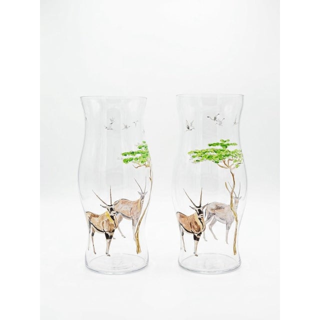 2000 - 2009 Pair of Glass Hand-Painted African Wildlife Hurricane For Sale - Image 5 of 12