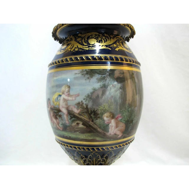 Painted Cherubs Antique Cobalt Bleu De Roi Gilt Metal French Lidded Urn For Sale - Image 4 of 9