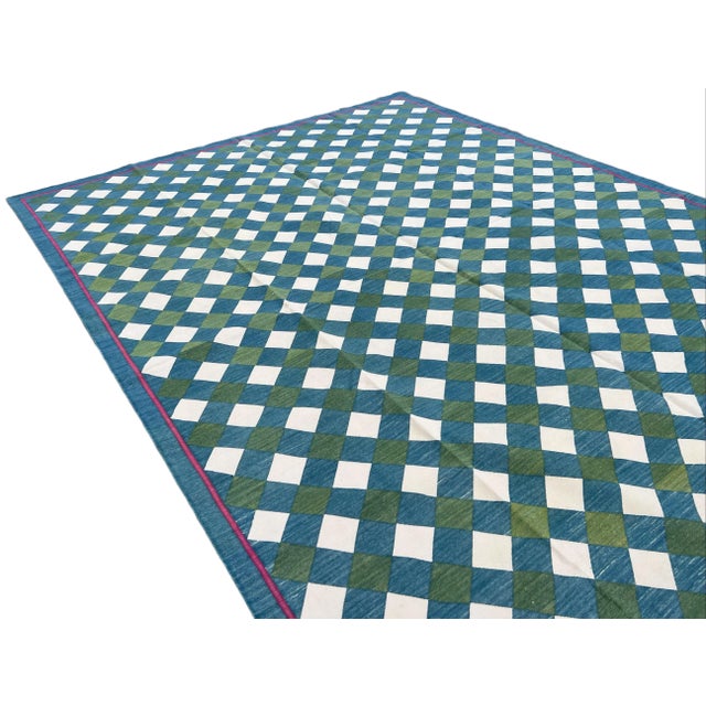 Textile Handmade Cotton Vegetable Dyed Checked Gingham Area Rug Teal Blue With Cream and Forest Green - 8'x10' For Sale - Image 7 of 10