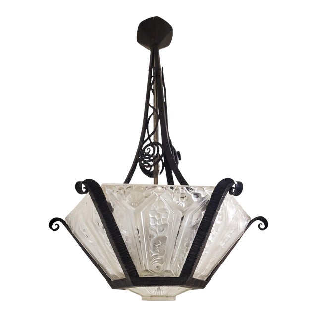 Early 20th Century French Art Deco Hand Forged Iron + Glass Chandelier With Scroll + Flowers by Verrerie Des Hanots For Sale