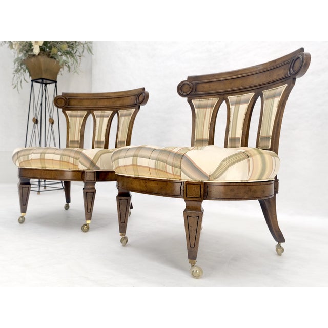 Pair of Tufted Seats Burl Wood Back Oval Seats Slipper Chairs on Caters MINT For Sale - Image 13 of 14