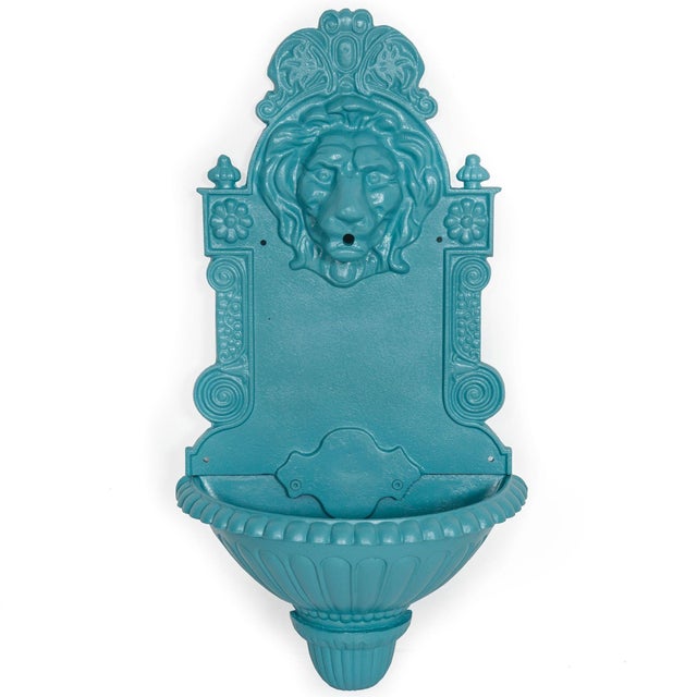 Antique Cast Iron Wall-Mounted Teal Painted Garden Fountain With Lion Mask For Sale - Image 4 of 18