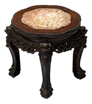 Chinese Export, Carved Hardwood Table, Marble, Low Pedestal, China, 1930s