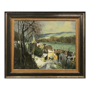 Georges Charles Robin, Port-Villez Neige Original French Landscape Impressionistic Riverscape Painting, Circa 1950