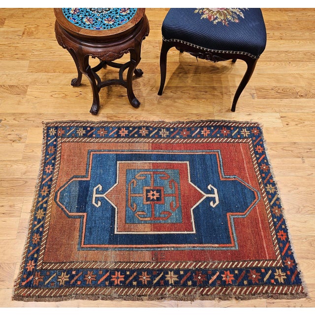 Textile 19th Century Caucasian Fachralo Kazak Prayer Area Rug, Persimmon & Blue, 3' x 4' For Sale - Image 7 of 15