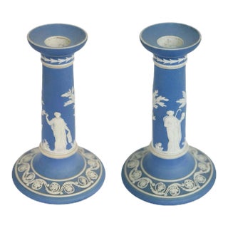 Pair of Light Blue Jasperware Wedgwood Candlesticks, C. 1920's For Sale