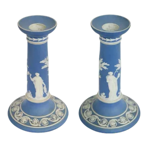 Pair of Light Blue Jasperware Wedgwood Candlesticks, C. 1920's