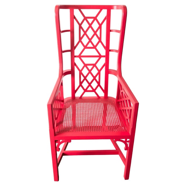 Red Tall Chinese Chippendale Wingback Arm Chair For Sale - Image 8 of 8