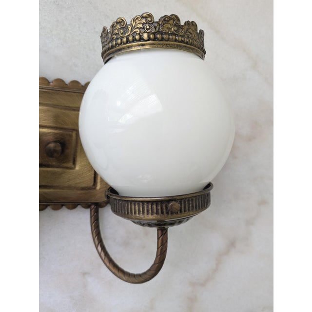 Vintage Milk Glass Globe Two Light Aged Brass Sconce For Sale - Image 4 of 9